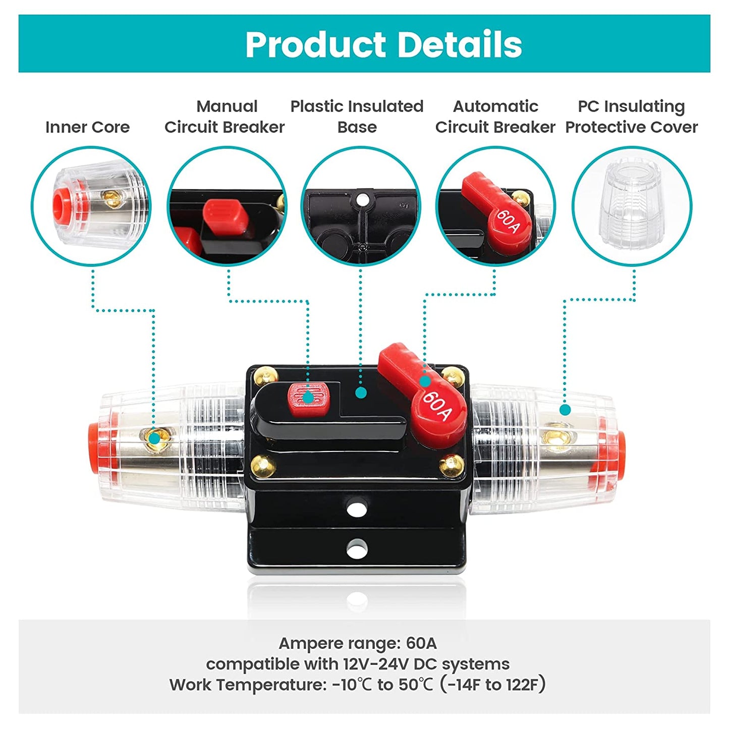 60A Car Audio Inline Circuit Breaker Reset Fuse Holder