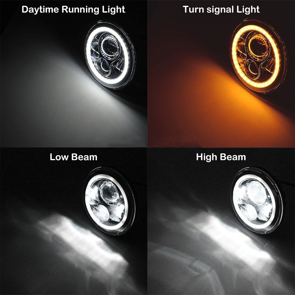 2PCS 7'' Jeep Round LED Headlight with High Low Beam White DRL Amber Turn Signal
