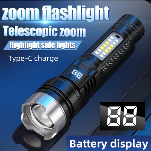 USB Rechargeable LED Flashlight 5 Modes with COB Side Lights Outdoor Emergency Lantern
