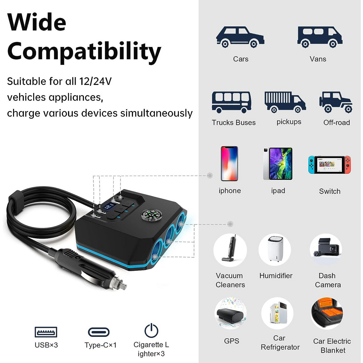 Car Usb Charger Fast Charging 3in1 Car Mobile Phone Charger Usb Cigarette Lighter