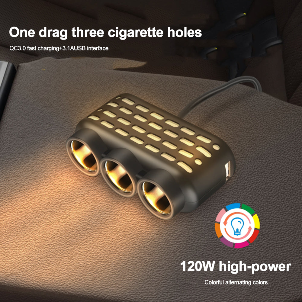 120W 3 in 1 USB Type C Car Charger Car Cigarette Lighter Splitter with Atmosphere Lamp 12V 24V Fast Chargin Phone Power Adapter