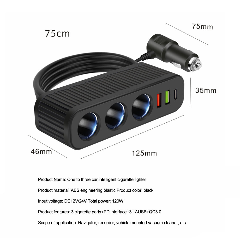 12V/24V Car Cigarette Lighter 120W Car Charger PD QC USB Quick Charge Power Adapter Charger One-to-four Multifunctional Socket