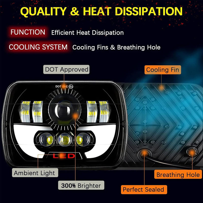 2 PCS 5X7 Inch LED Headlight Square Hi-Lo Beam Halo For Jeep Off-road Truck Motorcycle LED Headlight