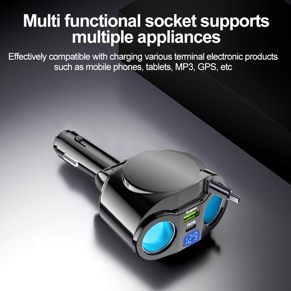 120W Expandable Car Charger Dual Cigarette Lighter PD USB Quick Charge 12V with Voltmeter LED Display For Mobile Phone Chargers