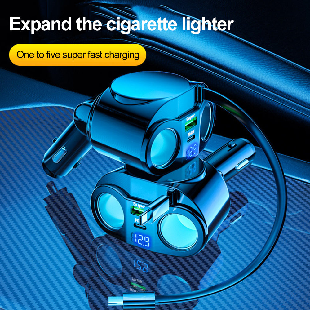 120W Expandable Car Charger Dual Cigarette Lighter PD USB Quick Charge 12V with Voltmeter LED Display For Mobile Phone Chargers