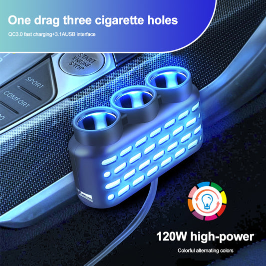 120W 3 in 1 USB Type C Car Charger Car Cigarette Lighter Splitter with Atmosphere Lamp 12V 24V Fast Chargin Phone Power Adapter