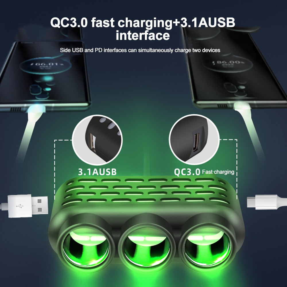 120W 3 in 1 USB Type C Car Charger Car Cigarette Lighter Splitter with Atmosphere Lamp 12V 24V Fast Chargin Phone Power Adapter