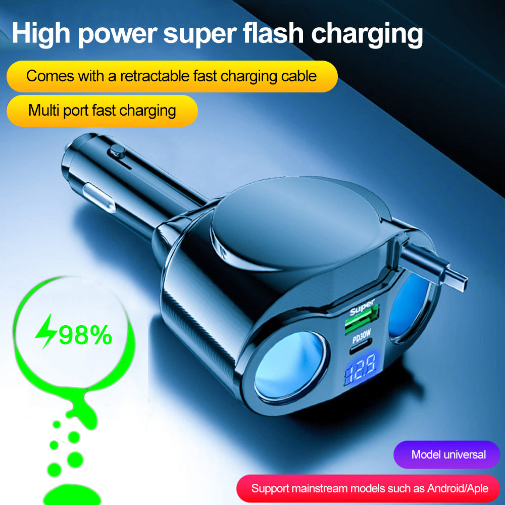 120W Expandable Car Charger Dual Cigarette Lighter PD USB Quick Charge 12V with Voltmeter LED Display For Mobile Phone Chargers