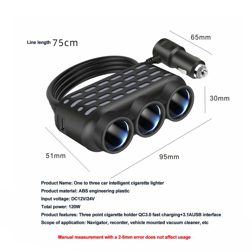 120W 3 in 1 USB Type C Car Charger Car Cigarette Lighter Splitter with Atmosphere Lamp 12V 24V Fast Chargin Phone Power Adapter