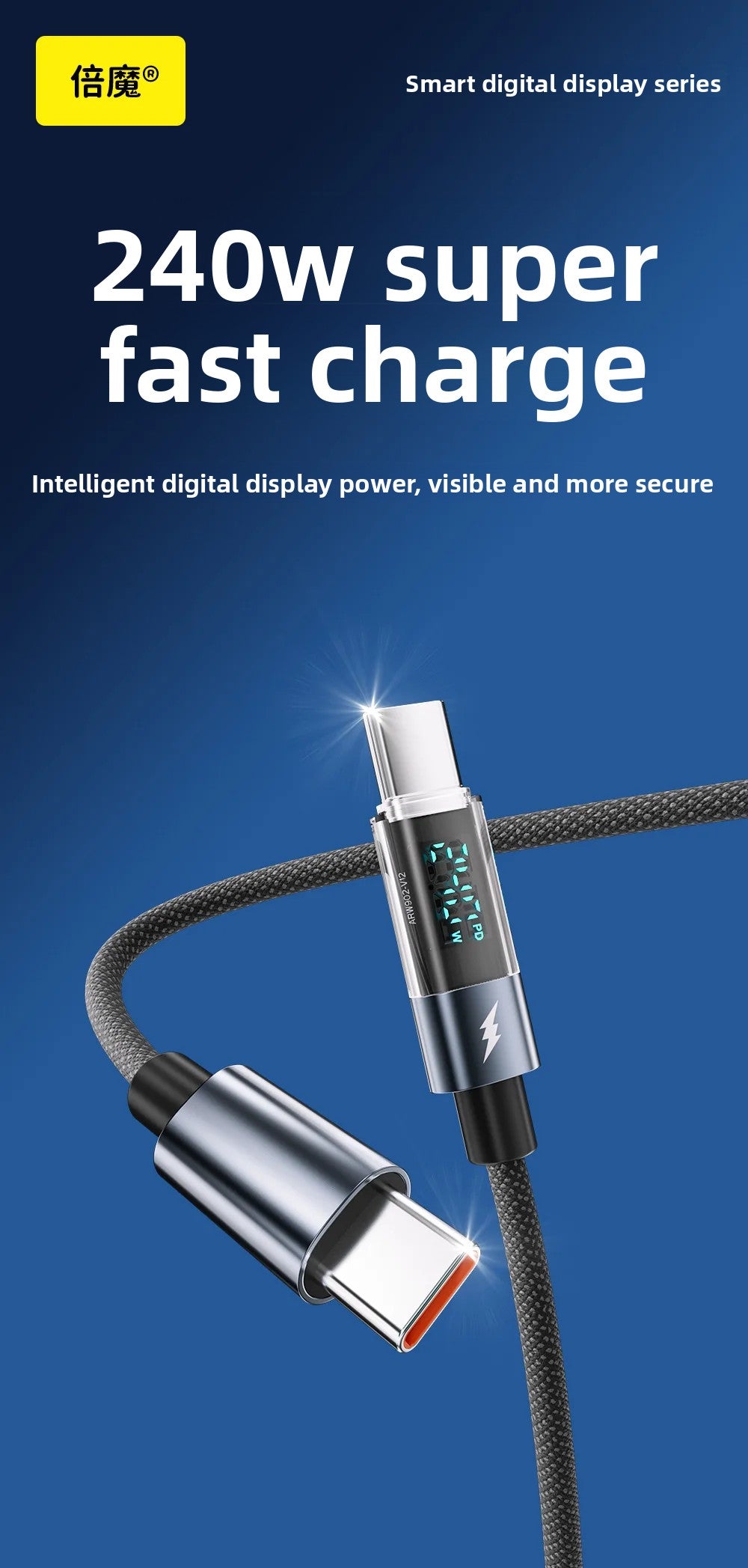 Smart Digital Display Fast Charging Cable 240W Multipurpose Suitable for PD27W 65W Durable Charging Data Line Accory