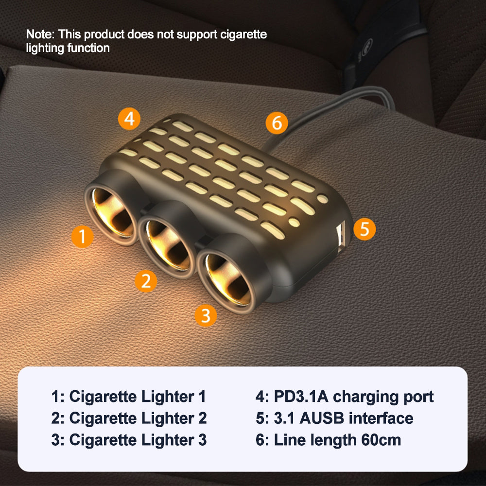 120W 3 in 1 USB Type C Car Charger Car Cigarette Lighter Splitter with Atmosphere Lamp 12V 24V Fast Chargin Phone Power Adapter
