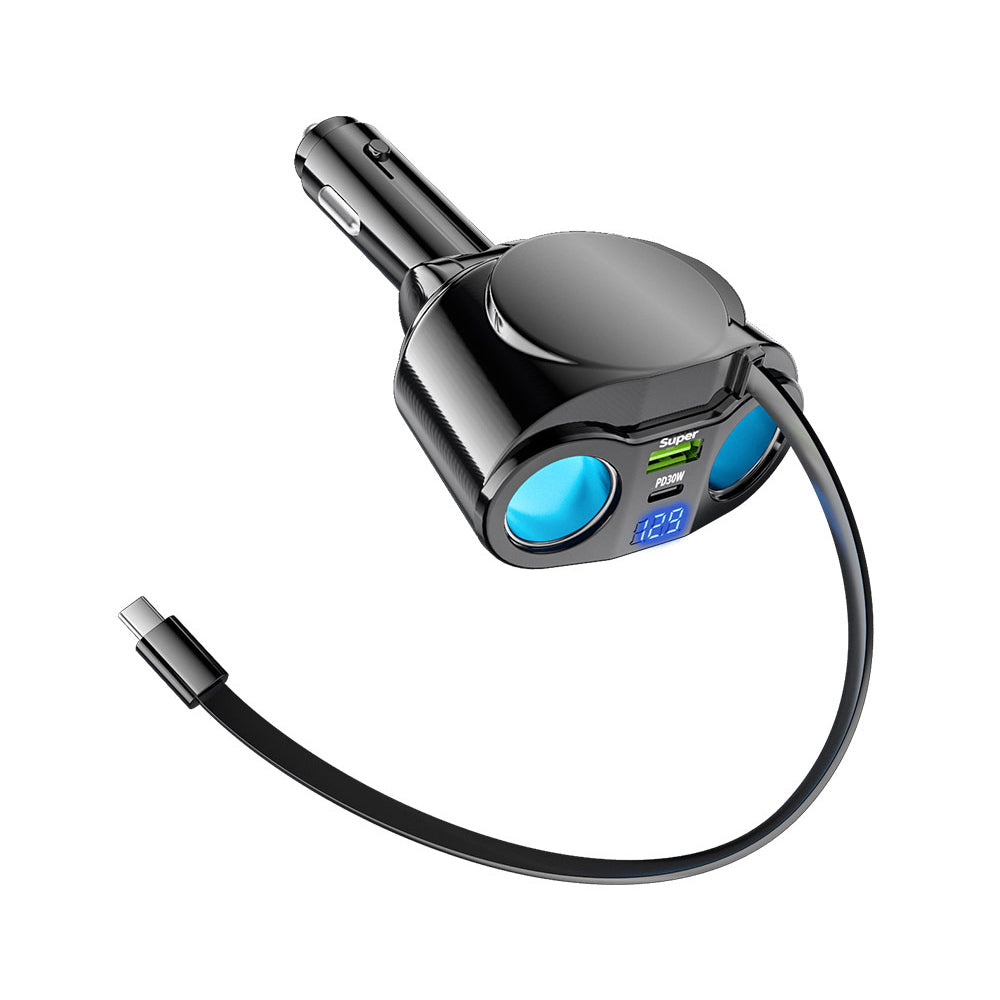 120W Expandable Car Charger Dual Cigarette Lighter PD USB Quick Charge 12V with Voltmeter LED Display For Mobile Phone Chargers