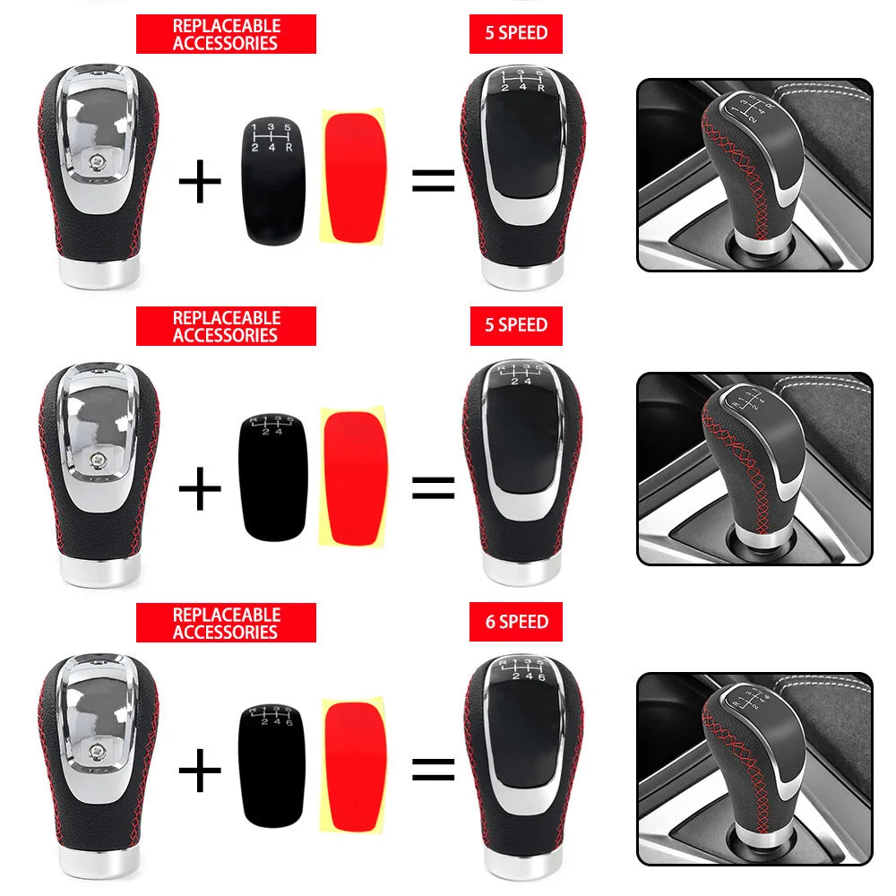 Universal 5-Speed Manual Car Gear Shift Knob with Shifter Boot, Leather Stitching Stick Shift Lever Replacement