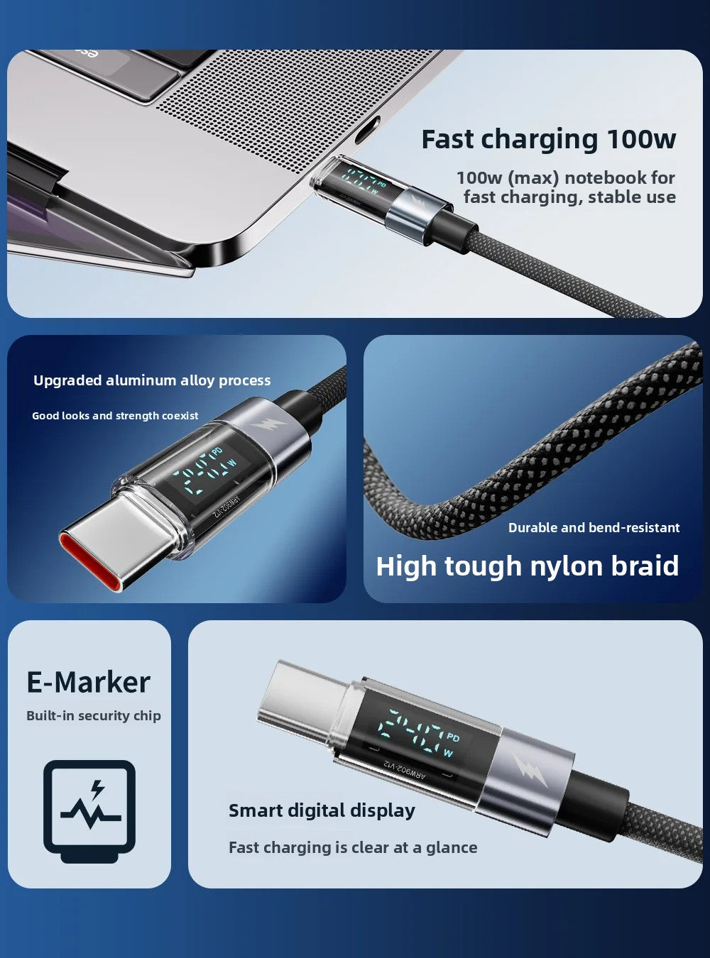 Smart Digital Display Fast Charging Cable 240W Multipurpose Suitable for PD27W 65W Durable Charging Data Line Accory
