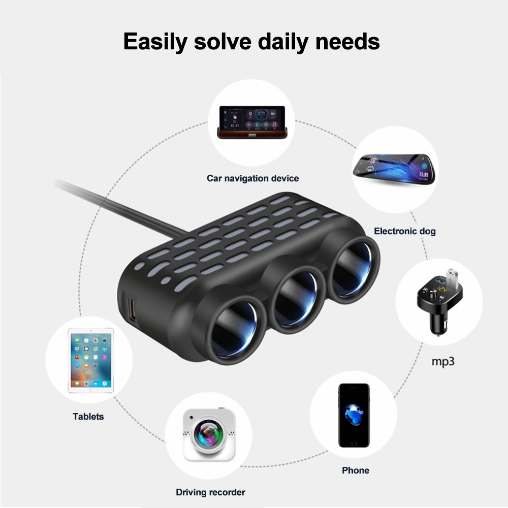 120W 3 in 1 USB Type C Car Charger Car Cigarette Lighter Splitter with Atmosphere Lamp 12V 24V Fast Chargin Phone Power Adapter
