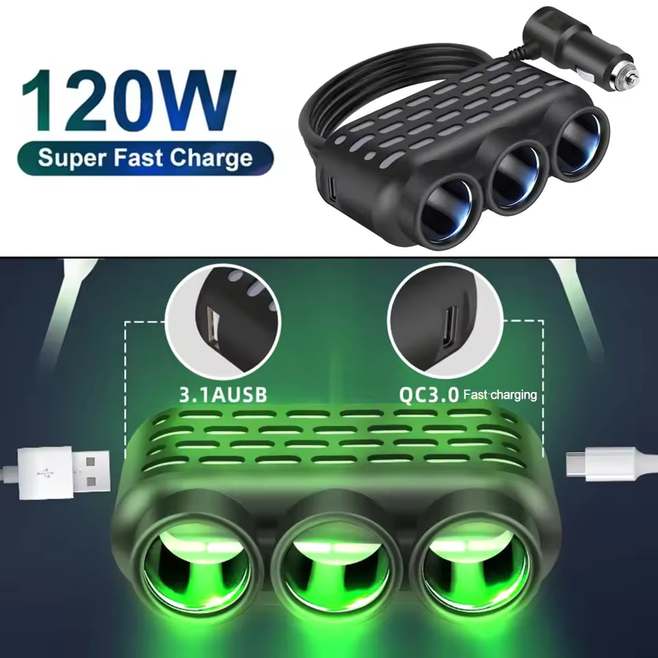 120W 3 in 1 USB Type C Car Charger Car Cigarette Lighter Splitter with Atmosphere Lamp 12V 24V Fast Chargin Phone Power Adapter
