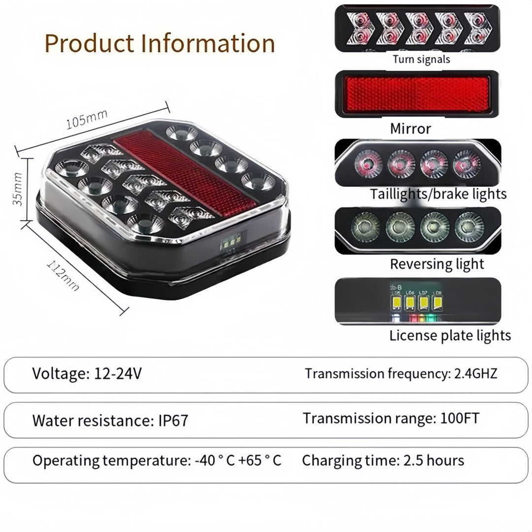Wireless 12V-24V Magnetic LED Trailer Lights – Brake, Reverse & Turn Signals