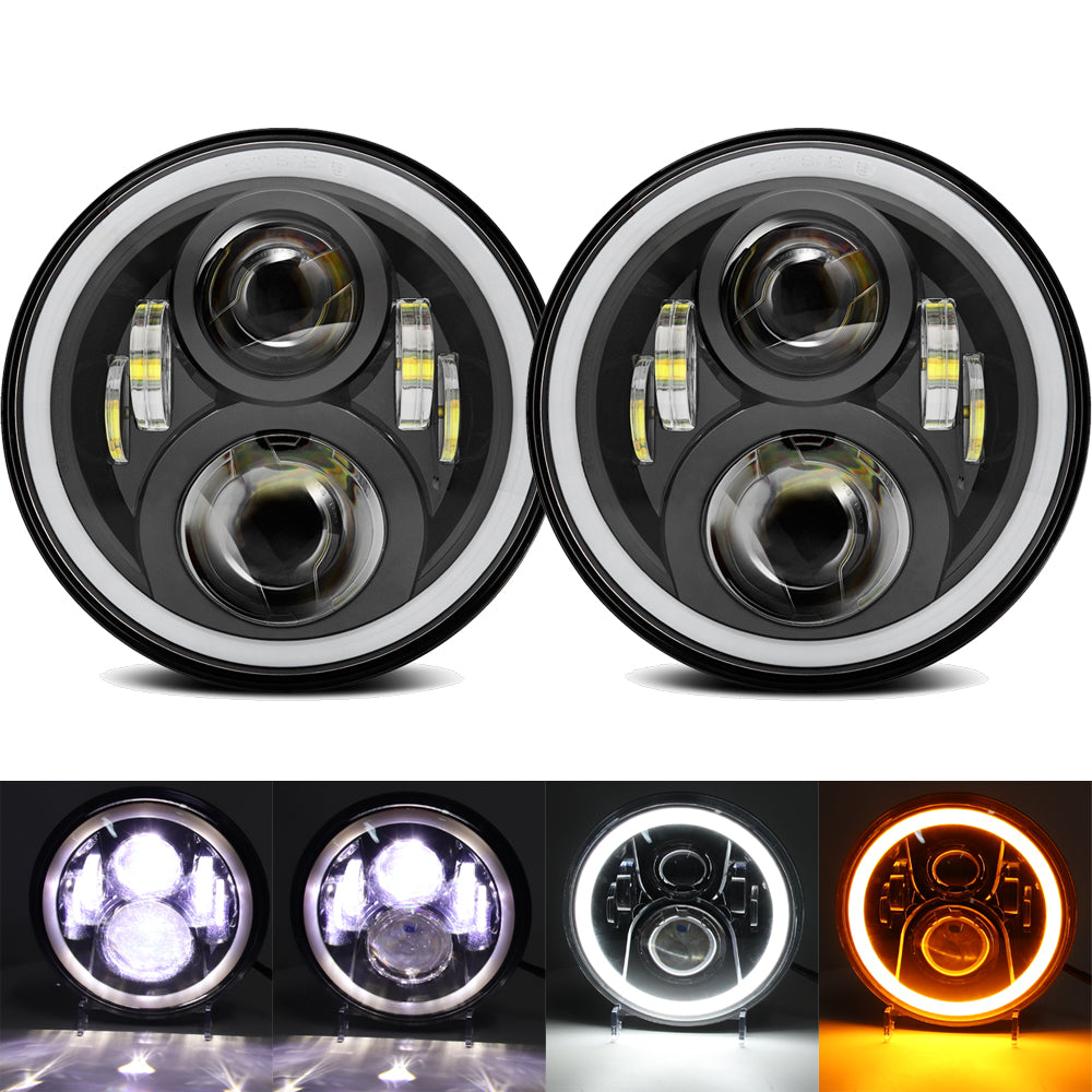 2PCS 7'' Jeep Round LED Headlight with High Low Beam White DRL Amber Turn Signal