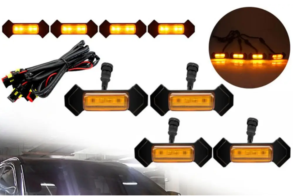 4pcs Car Grill Led Lights 12V Amber Shell with Amber Light Grill Lamp  with Harness Wire