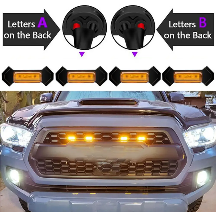 4pcs Car Grill Led Lights 12V Amber Shell with Amber Light Grill Lamp  with Harness Wire