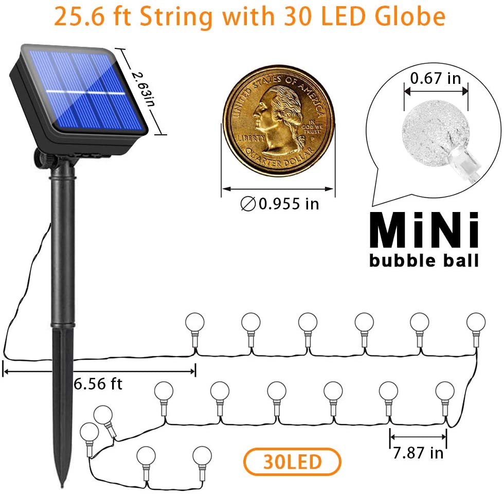 6.5M 30 Leds Solar Mini Globe Crystal Balls String Lights 8 Modes LED Fairy Light for outdoor Decoration