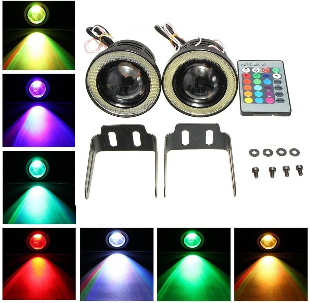 2pcs 3 Inch Universal RGB LED Fog Light White COB Halo Angel Eye Rings DRL Driving Bulbs