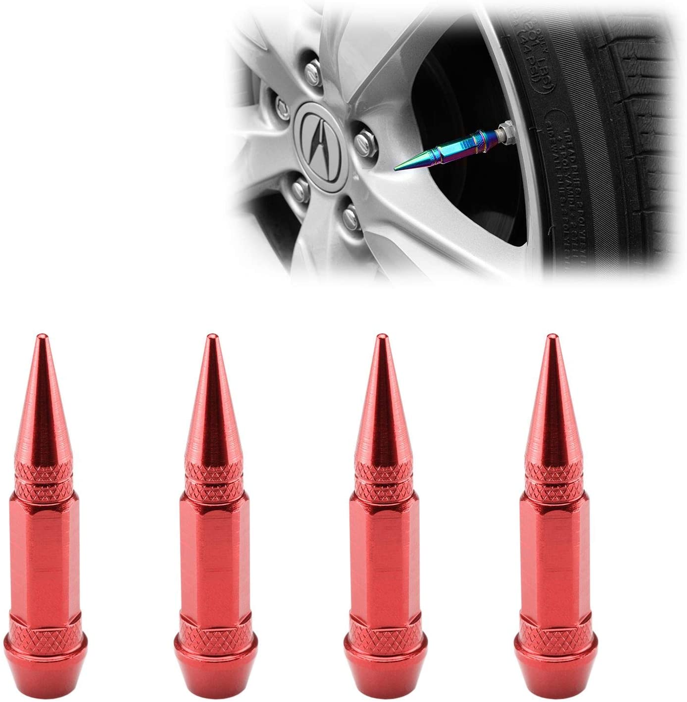 4PCs Red Long Spike Spiked Tire Valve Stem Caps Metal Thread Wheel Tires