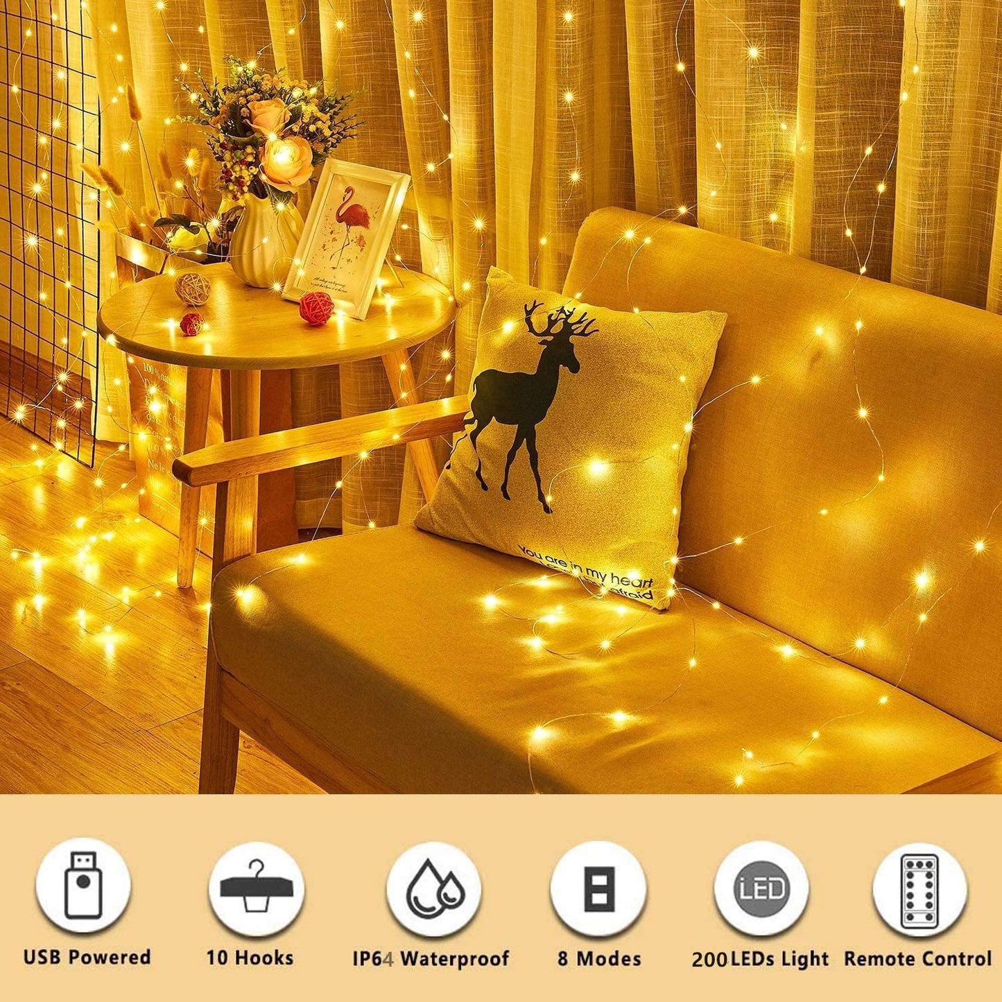 3M*2M USB Powered Window Curtain String Light 8 Lighting Modes Fairy Lights with remote control