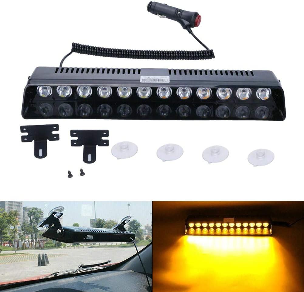 12W 12 Leds Amber Car Emergency Strobe Flash Light Windshield Warning Light