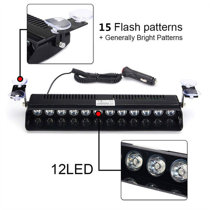 12W 12 Leds Amber Car Emergency Strobe Flash Light Windshield Warning Light