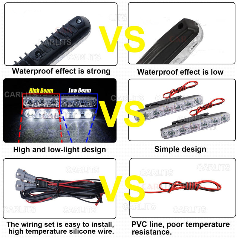 2PCS Car Headlight DRL 6 LED High/Low Beam High Power LED Daytime Running Lights