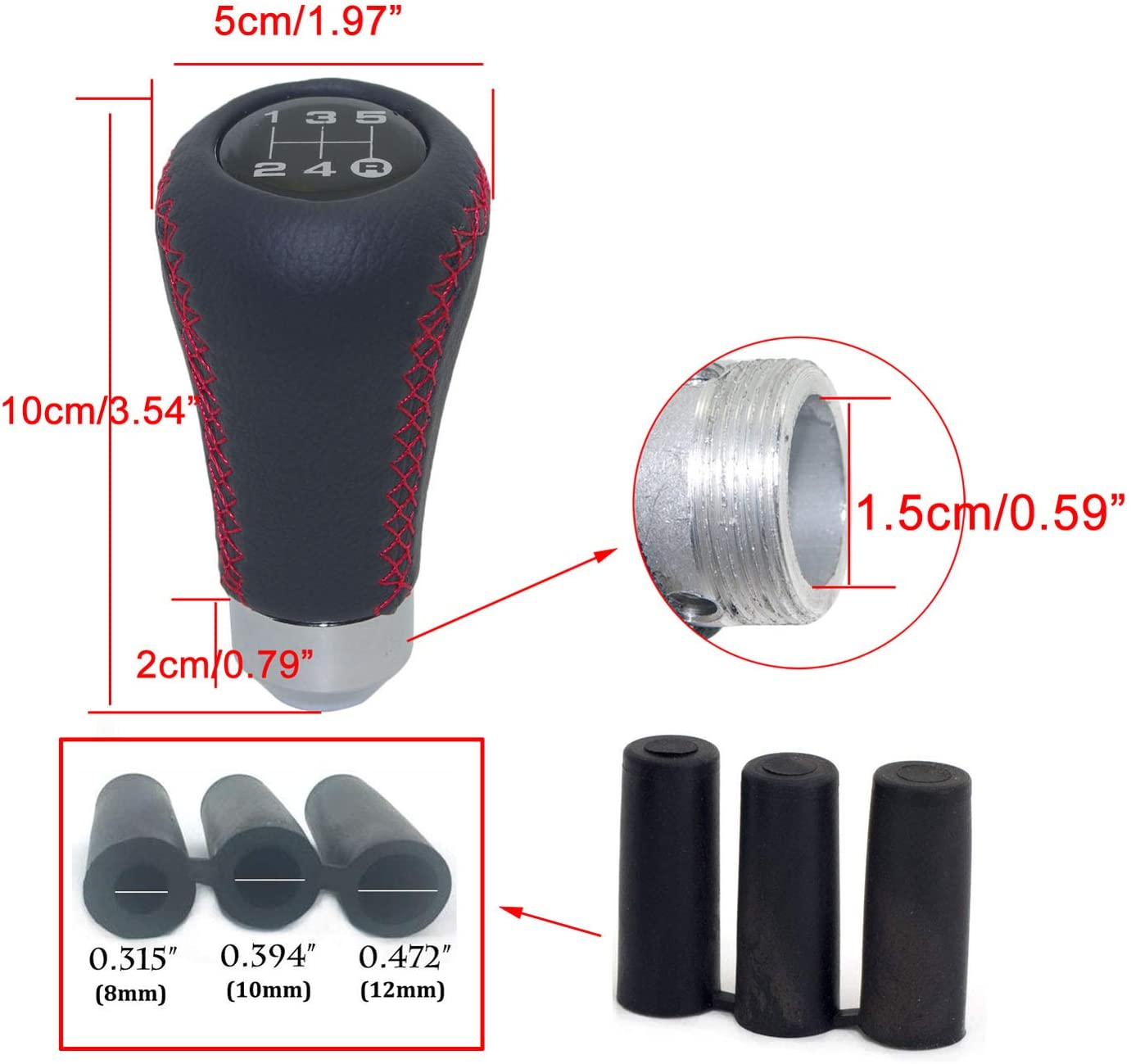 5 Speed Leather Red Stitch Car Gear Stick Shift Knob Universal Manual