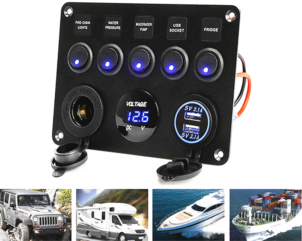 USB Socket Charger + LED Voltmeter + 12V Power Outlet + 5 ON-Off Toggle Switch