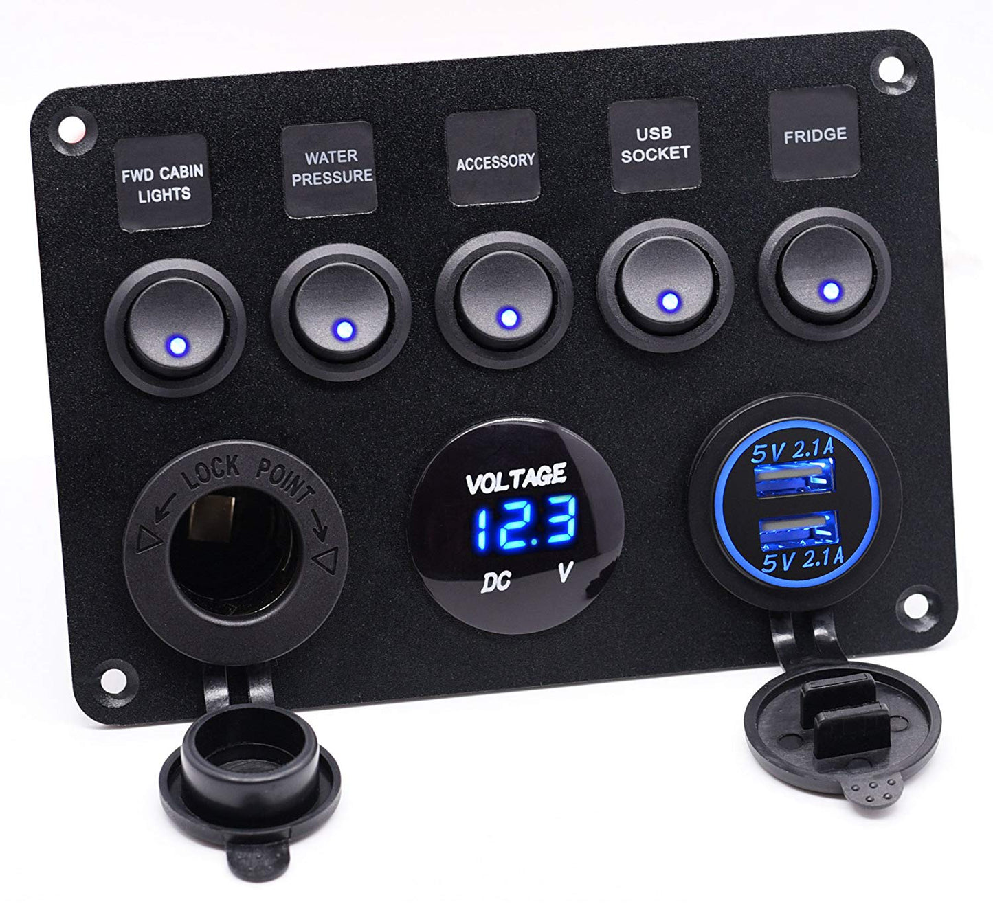 USB Socket Charger + LED Voltmeter + 12V Power Outlet + 5 ON-Off Toggle Switch
