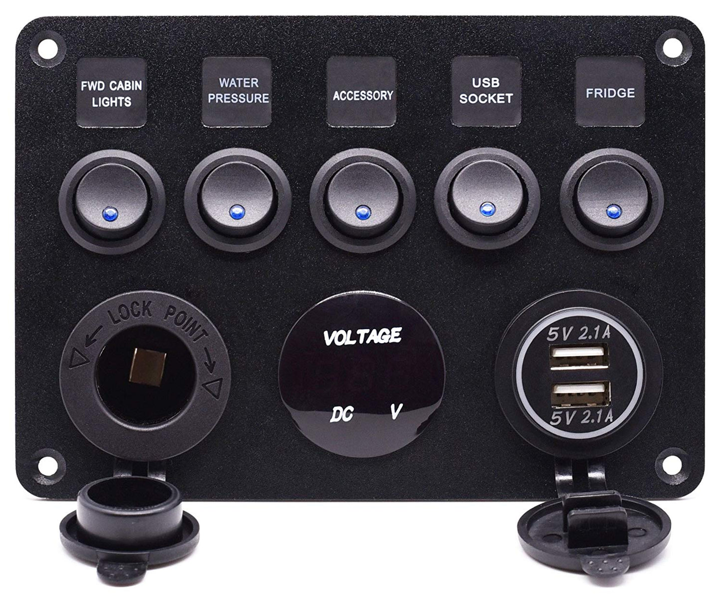 USB Socket Charger + LED Voltmeter + 12V Power Outlet + 5 ON-Off Toggle Switch