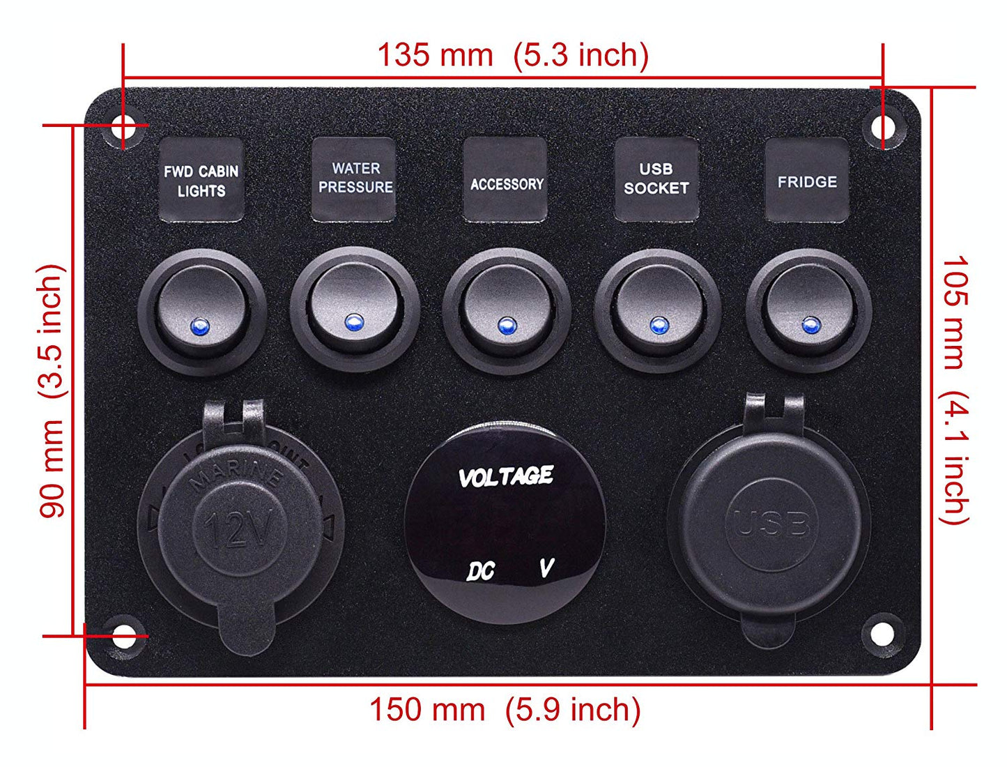 USB Socket Charger + LED Voltmeter + 12V Power Outlet + 5 ON-Off Toggle Switch