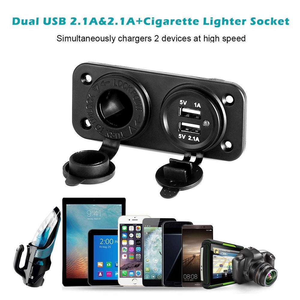 USB Socket Charger  + 12V Power Outlet Cigarette Lighter Socket