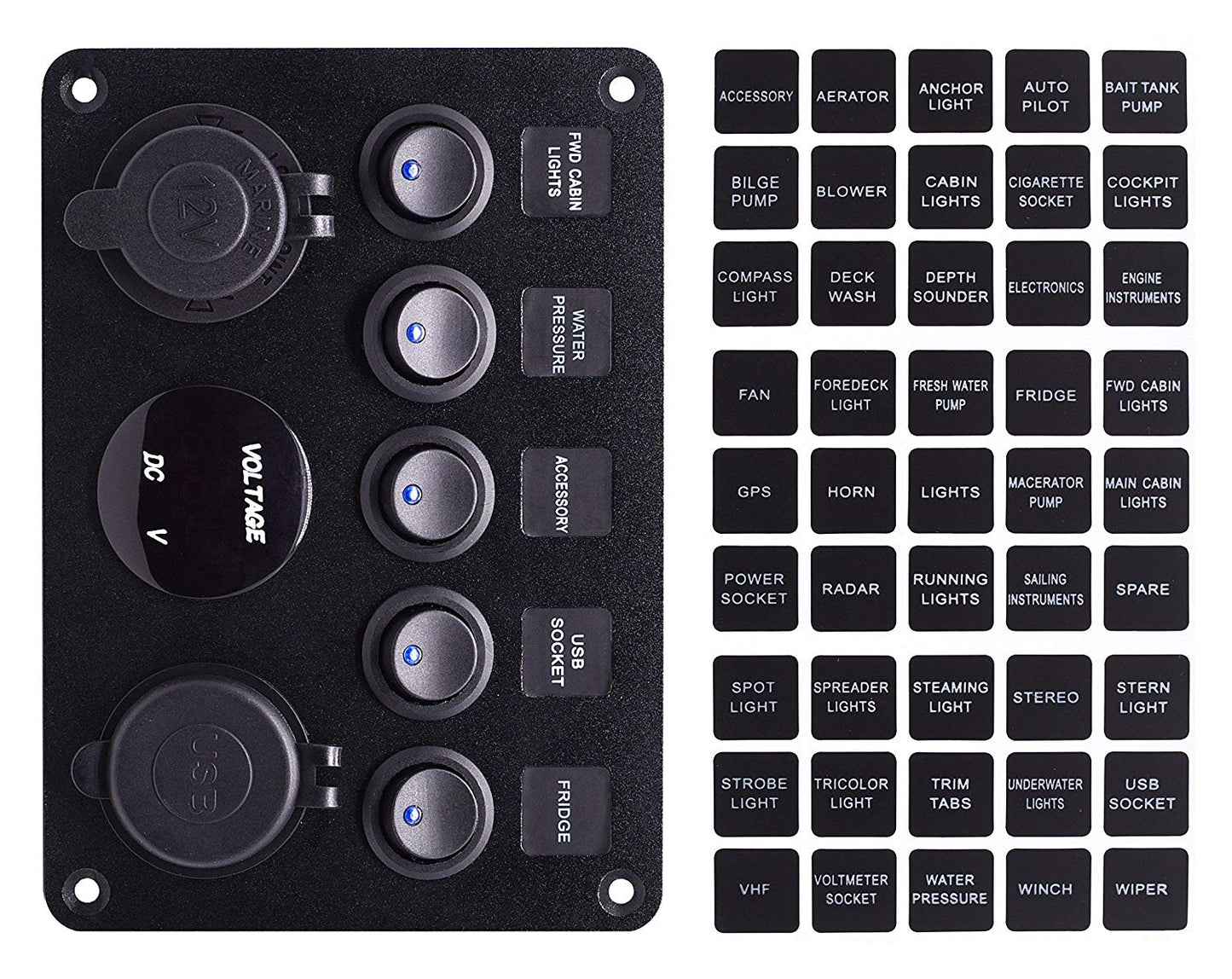 USB Socket Charger + LED Voltmeter + 12V Power Outlet + 5 ON-Off Toggle Switch