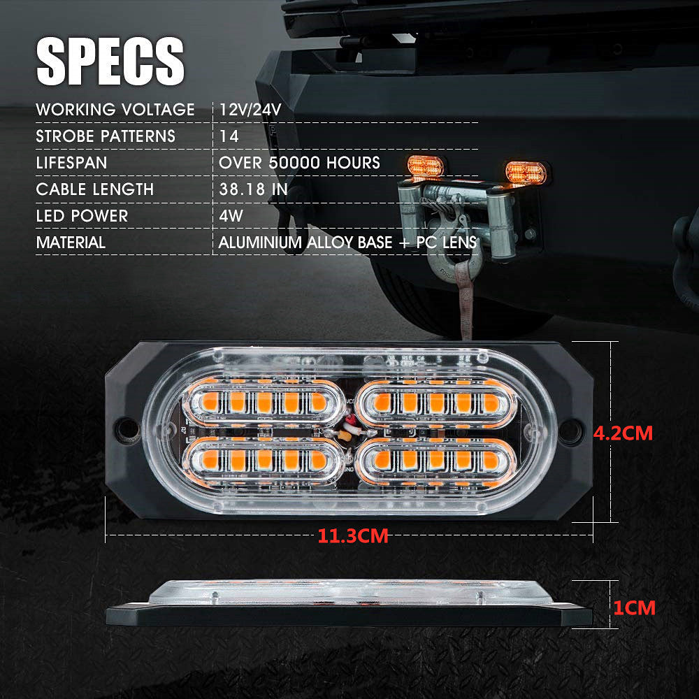 2PCS × 20-LED Super Bright Amber Emergency Warning Strobe Light Bar DC12V-24V