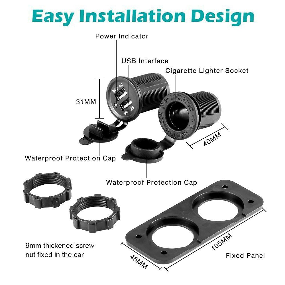 USB Socket Charger  + 12V Power Outlet Cigarette Lighter Socket