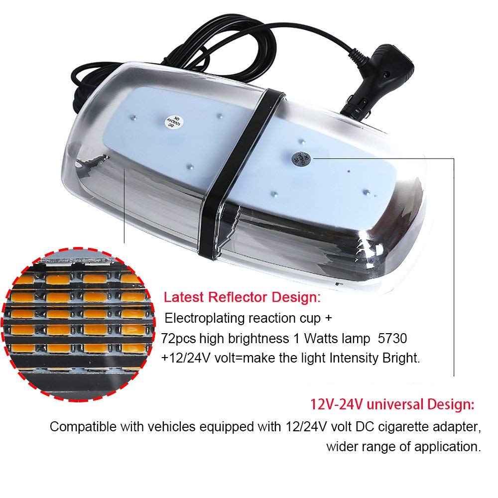 12-24V High Intensity 72 LED Amber Strobe /Warning Lights with Magnetic Base