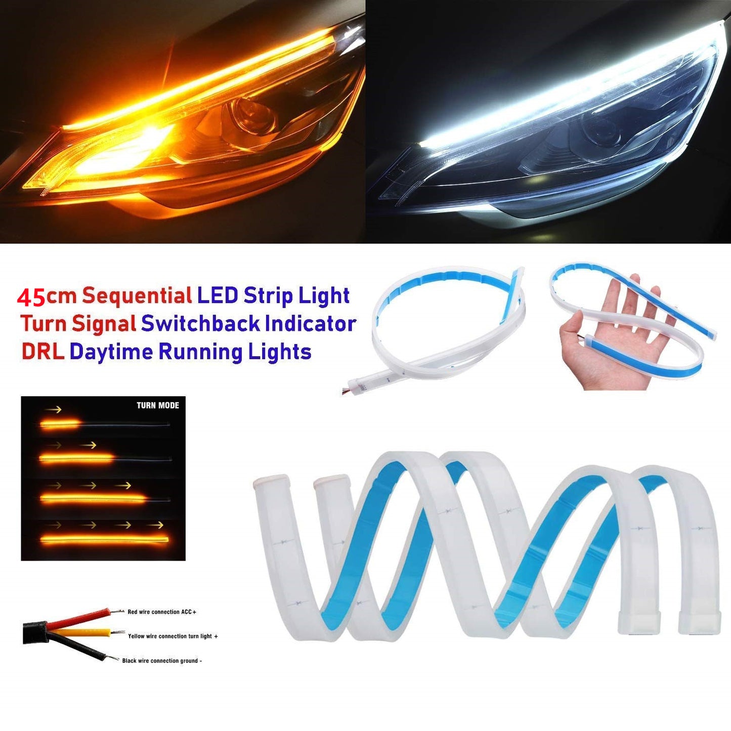 2PCS 12V 45CM  Flexible DRL Lights + Yellow Indicator with Turn Sequential Flow