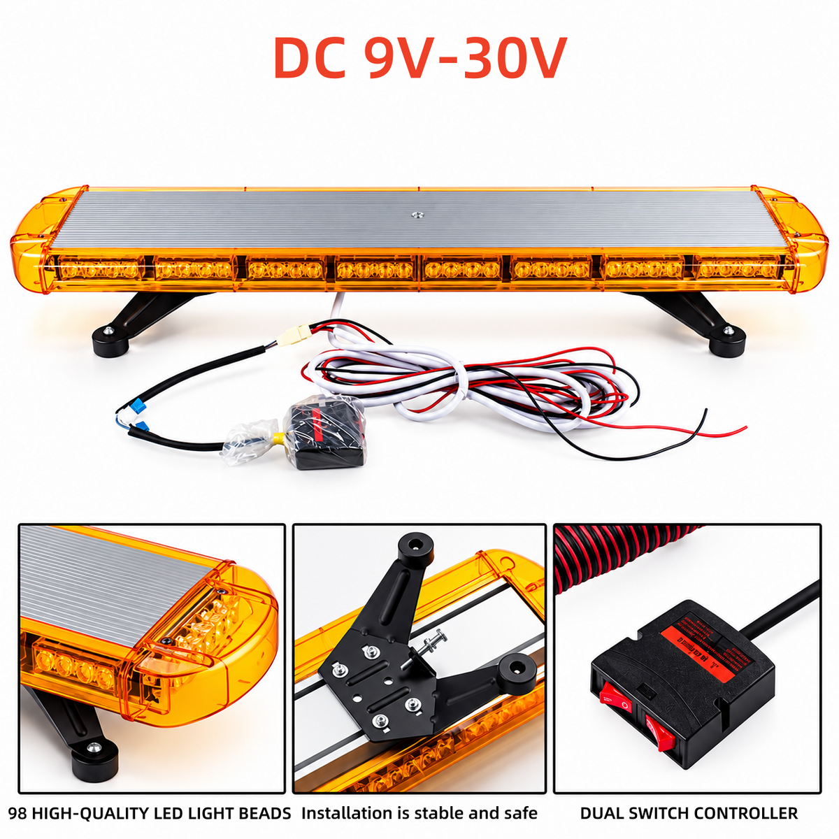 47 inch 96LED Strobe Warning Light – IP65 Emergency Flashing Light for Trucks, Cars & Rescue Vehicles