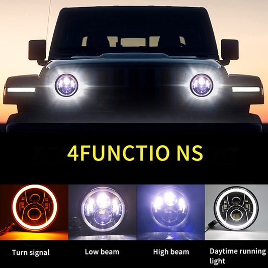 2PCS 7'' Jeep  Round LED Headlight with High Low Beam White DRL Amber Turn Signal