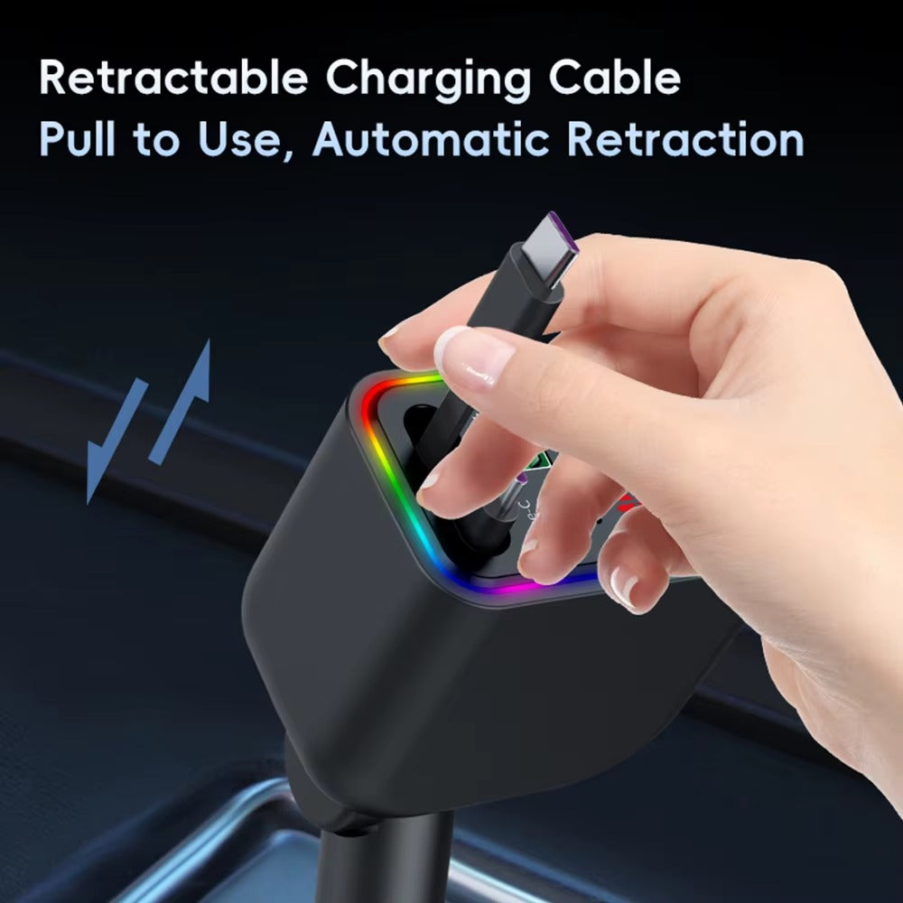Retractable Car Charger – Type-C & iPhone Cable with FM Transmitter & Bluetooth MP3