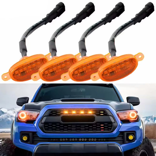 4pcs Car Grill Led Lights 12V Amber Shell with Amber Light Grill Lamp  with Harness Wire