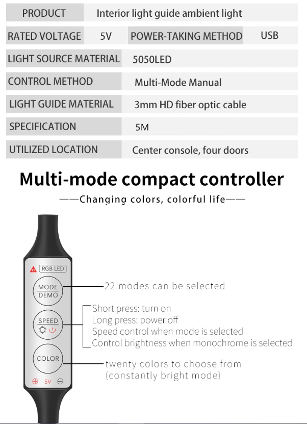 Car Interior RGB LED Atmosphere Light Strip USB Fiber Optic Neon Invisible Ambient Lamp