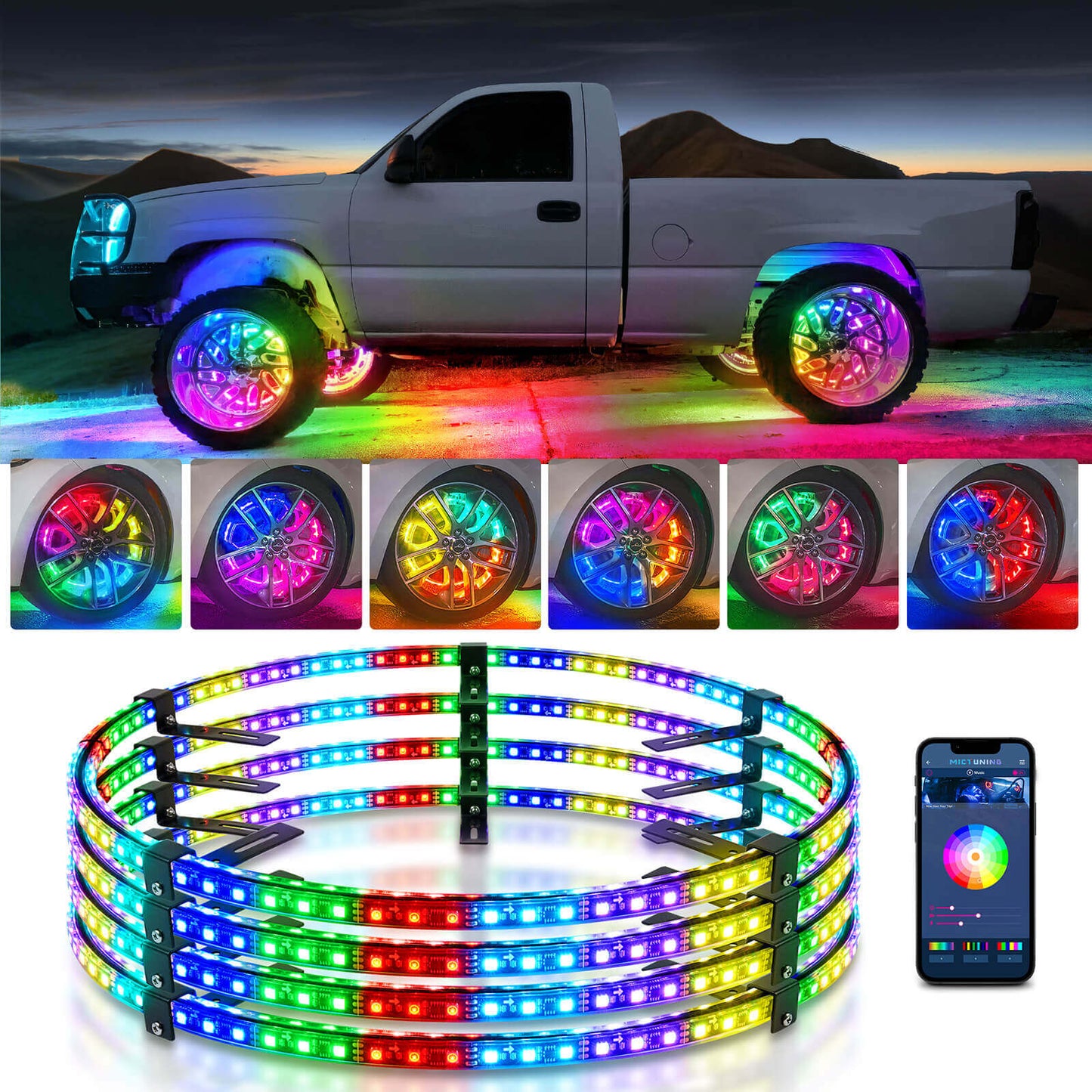 RGB Chasing Color Wheel Ring Lights Kit with APP Control, Neon Wheel Rim Lights