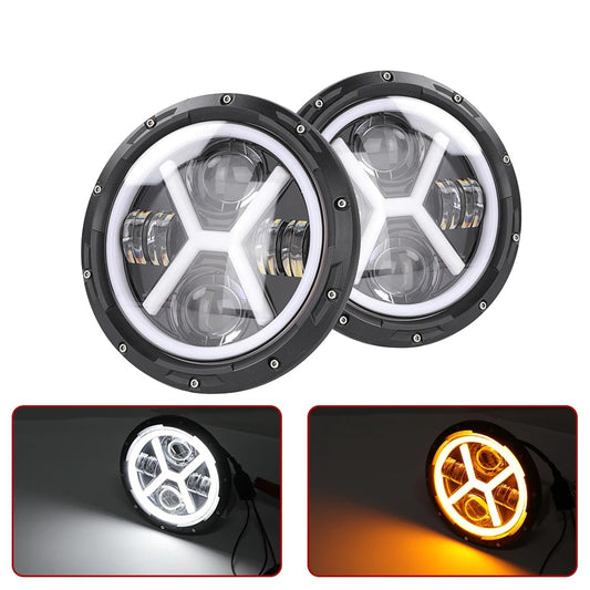 2PCS 7'' Jeep  Round LED Headlight with High Low Beam White DRL Amber Turn Signal
