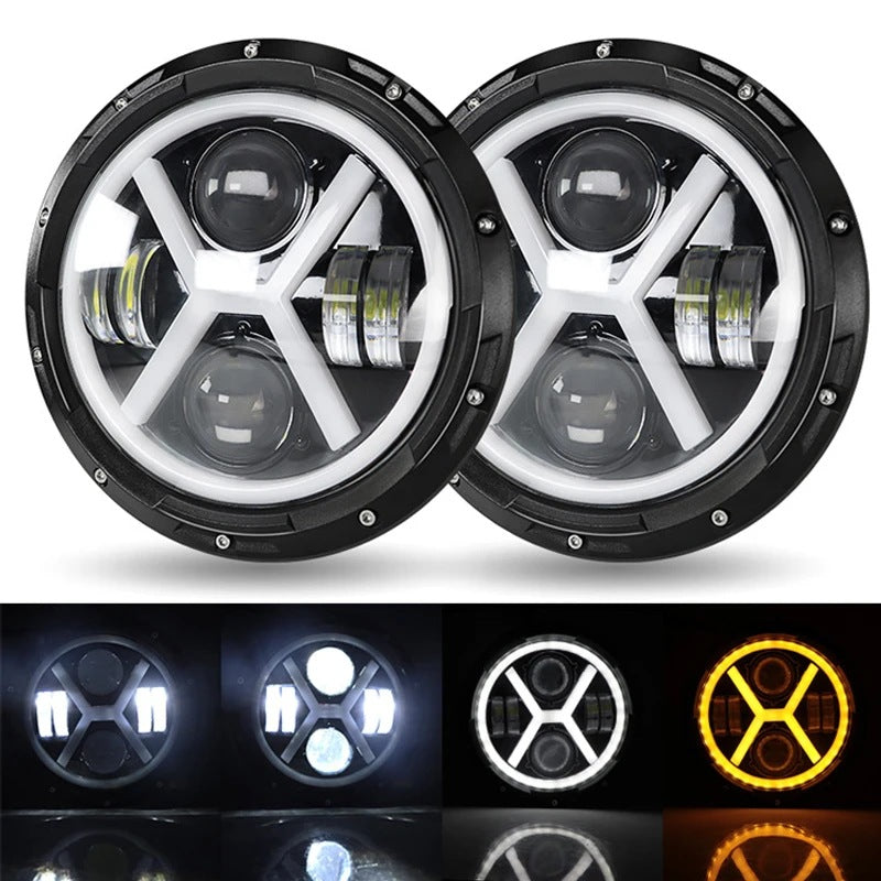 2PCS 7'' Jeep  Round LED Headlight with High Low Beam White DRL Amber Turn Signal